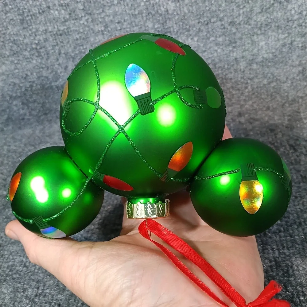 Disney Parks Mickey Mouse Icon Glass Ball Ornament Holiday Lights Green Festive